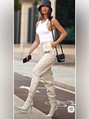 Faux Leather Beige Jogger Pants